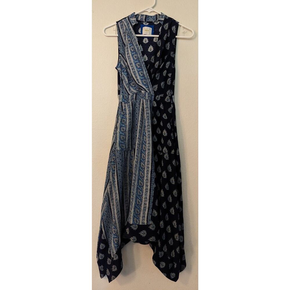Maeve Blue and White Patterned Midi Dress